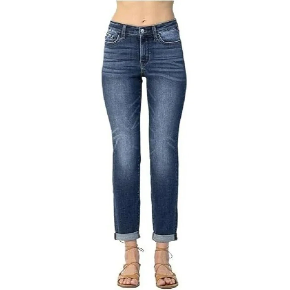 Judy Blue 82428 Slim Fit Cuffed Jeans Womens 13/31 Stretch Blue Dark Wash Denim